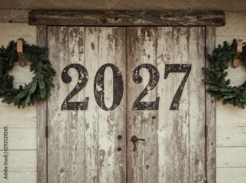 Rustic weathered wooden double doors decorated with green Christmas wreaths and bold 