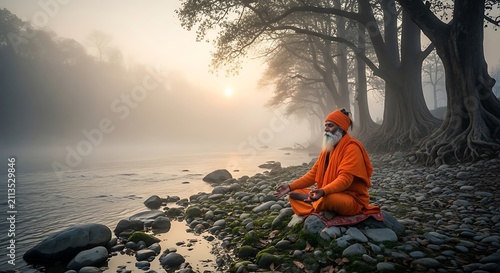 Sadhu meditating by a misty river at sunrise in India