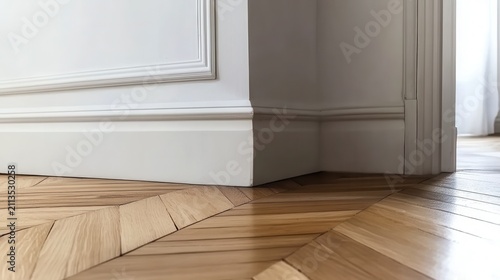 Corner of a room with white skirting board and parquet floor