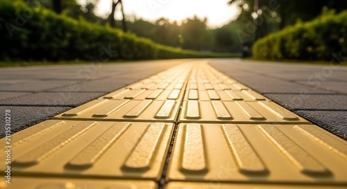 Tactile paving for blind people on a park walkway at sunset