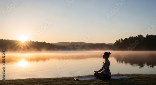 Woman practicing yoga meditation by a misty lake at sunrise