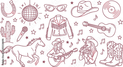 Quadro su tela Cowgirl country music line art elements bundle set vector illustration featuring