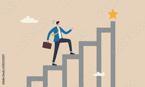 Business and challenge to overcome to achieve success goal, big step for career or adversity concept, businessman trying hard with full effort to climb up big step ladder or stairway