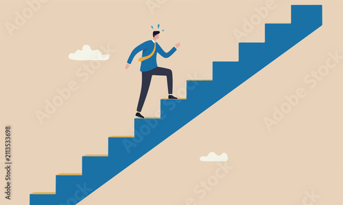 the modern, flat design with clean lines and minimal shading for career or adversity concept, businessman trying hard with full effort to climb up big ladder or stairway
