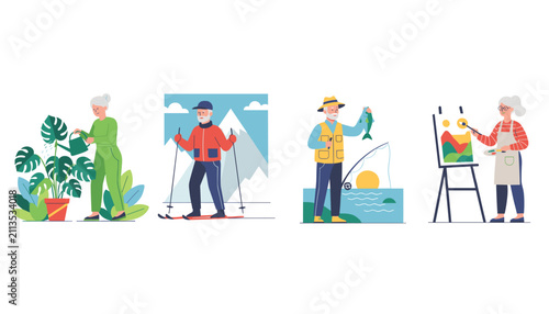 Senior citizens engage in active lifestyles like gardening, skiing, fishing, and painting in four color illustrations.