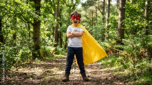 A confident Asian boy wearing a homemade red superhero mask and yellow cape stands with arms crossed, shouting in a park. He shows boy power, courage, and creative childhood imagination outdoors.