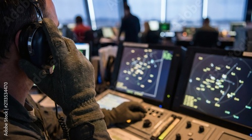Air traffic controller wearing a headset operates radar screens in a control tower, focused on aviation operations.
