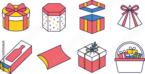Obraz na plátně Christmas and Celebration Gift Packaging Vector Set Round Hat Box Hexagonal Gift