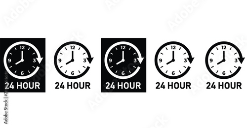 Twenty four hours service clock icon vector set for non stop business open support delivery time interface