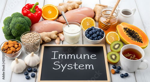 A variety of healthy foods that boost the immune system, including fruits, vegetables, and lean protein.