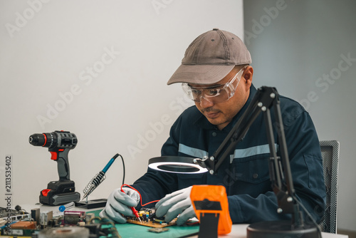 Fotografie Circuit board repair technicians solder electrical connections, inspect damaged areas, and repair various computer chipsets