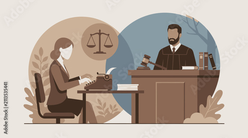 Legal Justice Illustration featuring judge at bench and court reporter typing, ideal for law firm websites and justice system presentations.