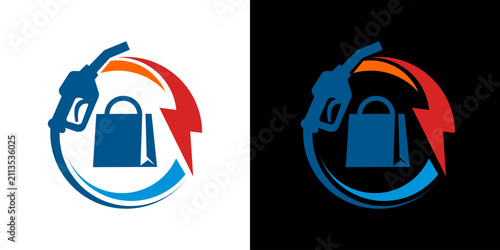 Obraz na płótnie Convenience store gas station logo template with shopping bag, fuel nozzle, and