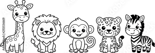 Photography Cute safari animals line art vector illustration set featuring kawaii cartoon gi