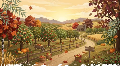 Photography Autumn harvest landscape featuring apple orchard countryside path and rolling mo