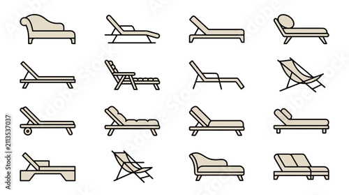 Cuadro en lienzo Outdoor lounge chair and sunbed icons.