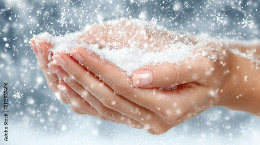 Fototapeta premium snowflakes gently fall onto tender human hands creating striking contrast between coldness of snow and warmth of