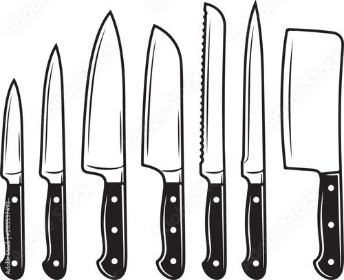 Set of various kitchen knives with wooden handles in line illustration