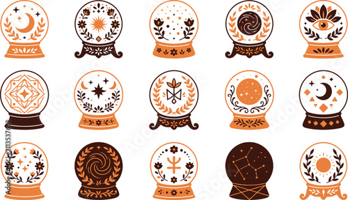 Foto Set of mystical crystal balls with celestial symbols and esoteric elements for f
