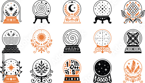 Foto Collection of mystical crystal ball illustrations with celestial and esoteric sy