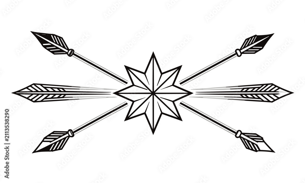 Obraz premium Heraldic star emblem with sharp arrows pointing outwards in a symmetrical monochrome line art style design.