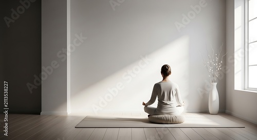 Woman practicing yoga meditation in a minimal bright room at home