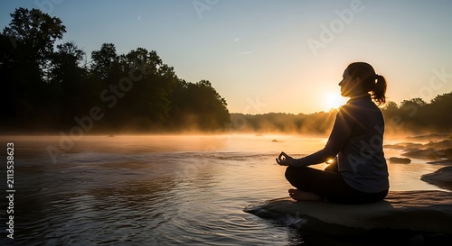 Woman practicing yoga meditation on a river rock at sunrise silhouette