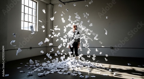 Woman standing in a room surrounded by flying paper sheets and chaos