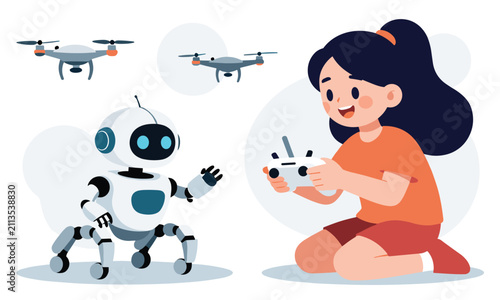 Cute cartoon girl sitting on the floor playing with a walking spider robot and drones using a remote controller.