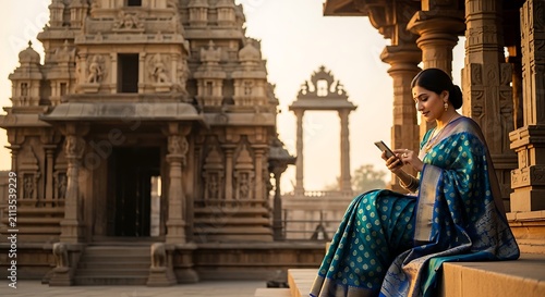 Young Indian woman using a smartphone while sitting at an ancient temple