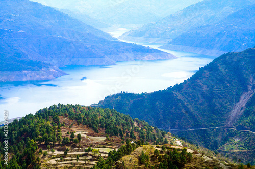 Mountain Valley Lake Landscape with Forested Hills