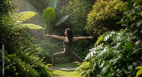 Young woman practicing warrior yoga pose in lush tropical garden forest