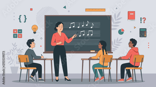 Music Education Illustration featuring a teacher explaining musical notes on a blackboard to diverse students, ideal for educational blogs and music school marketing.