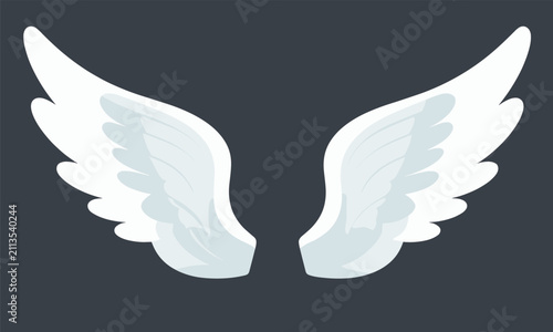 Sleek pair of white angel wings with soft shading spread wide symbolising freedom, spirituality, and grace on a dark grey background.