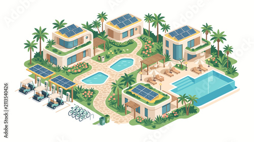 Isometric eco friendly resort complex featuring sustainable villas solar panels swimming pools with electric vehicle charging stations displays isometric view lush tropical greenery sustainability