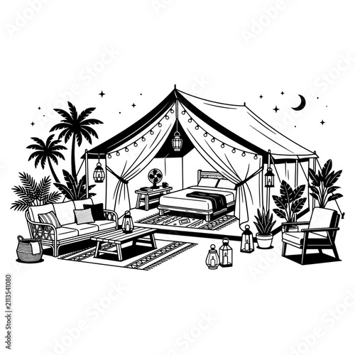 Luxury Glamping Tent with Comfortable Bed and Outdoor Lounge Furniture, Decorated with Lanterns and Tropical Plants at Night, Black and White Line Art Vector Illustration