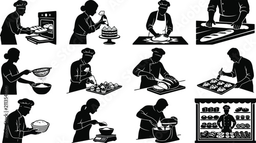 Fotografía Bakery and pastry chef featuring bakers kneading dough, decorating cakes, using