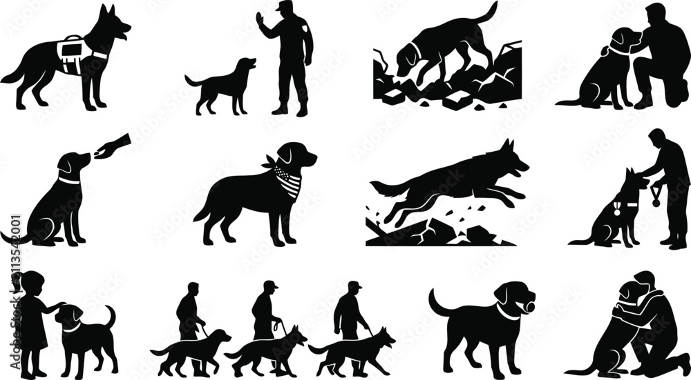 Fototapeta premium Black silhouette featuring service dogs, police dogs, and their handlers in various training, working, and companionship scenarios