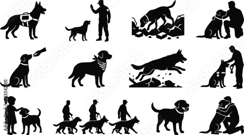 Bild auf Leinwand Black silhouette featuring service dogs, police dogs, and their handlers in vari