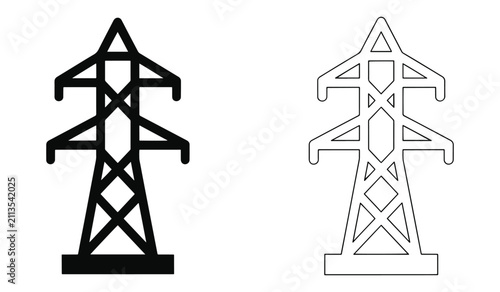 Electric Tower and High Voltage Power Grid Vector Icon Set, Minimalist Transmission Line Collection, vector, illustration, silhouette.