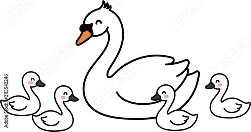Obraz na plátně Cute Cartoon White Swan Mother and Baby Cygnets Family Vector Illustration