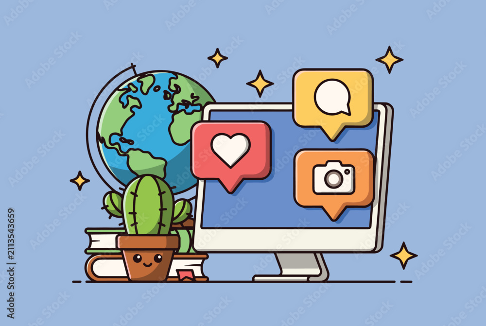 Naklejka premium Computer monitor showing social media icons with globe books and cute cactus representing global digital communication.