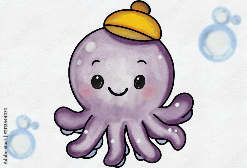 Obraz premium Cute purple watercolor octopus wearing a yellow hat smiling with blue bubbles