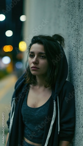 Young woman leaning against concrete wall under city lights with withdrawn expression