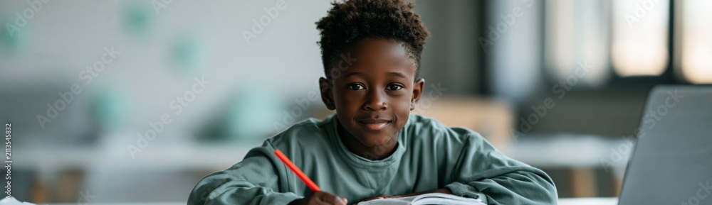Fototapeta premium Smiling schoolboy studying at desk with laptop and pencil for education background and learning banner design for schools and tutoring