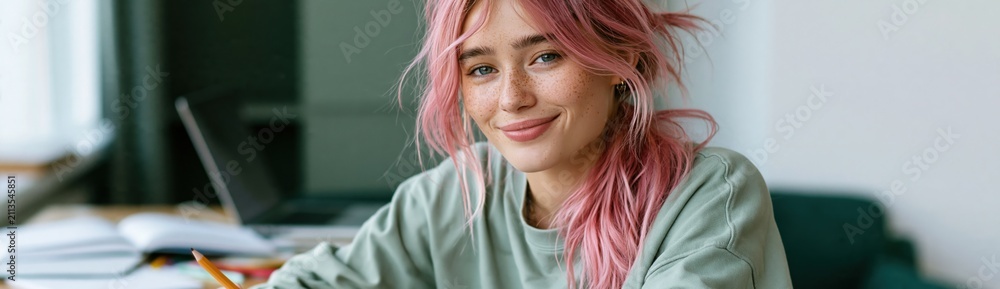 Obraz premium Closeup of young female student with pink hair smiling while studying and writing for education background and tutoring banner and profile image use