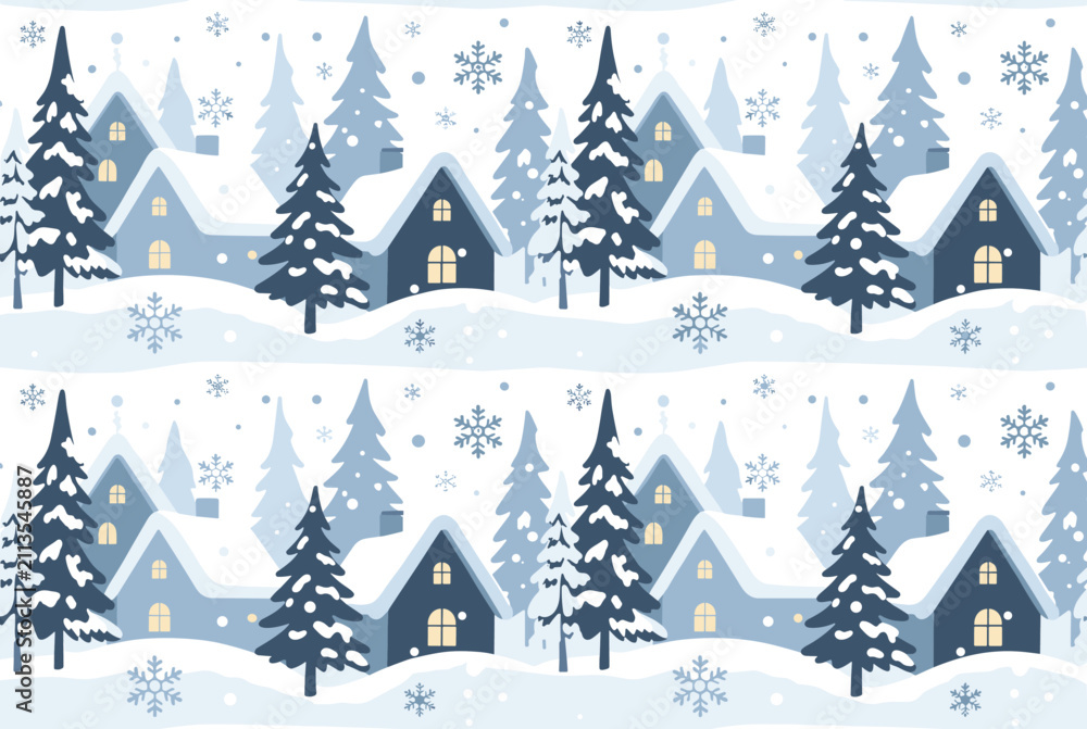 Obraz premium Beautiful seamless winter landscape pattern with cozy snowy houses and green pine trees under falling snowflakes.