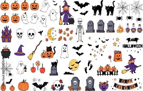 Halloween Icons and Spooky Symbols Collection Isolated on Transparent Background