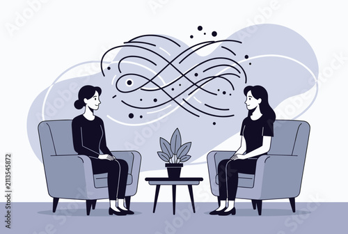 Private therapy session with a female psychologist helping a patient untangle her complex thoughts and emotions.