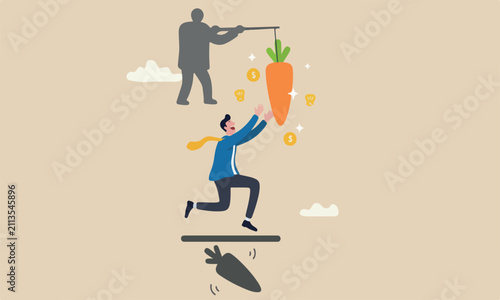 Fotografie Motivation employee people or manipulation concept, seduced businessman jump in